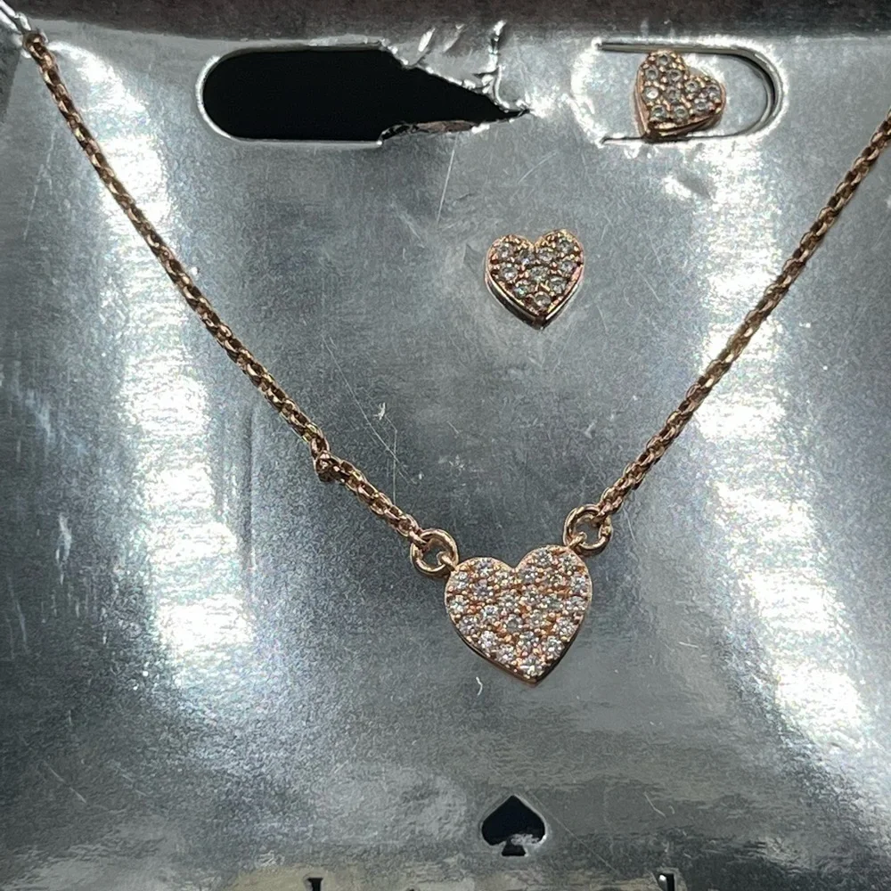 Kate Spade Yours Truly Boxed Rose Gold Dainty Pave‎ Necklace and Earring set New